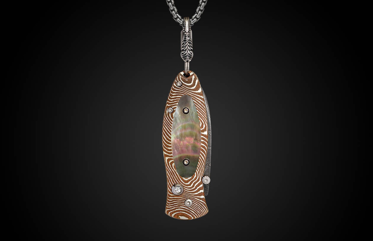 William Henry Knife pendant with mokume gane, black lip pearl, and damascus blade B02 DAYBREAK