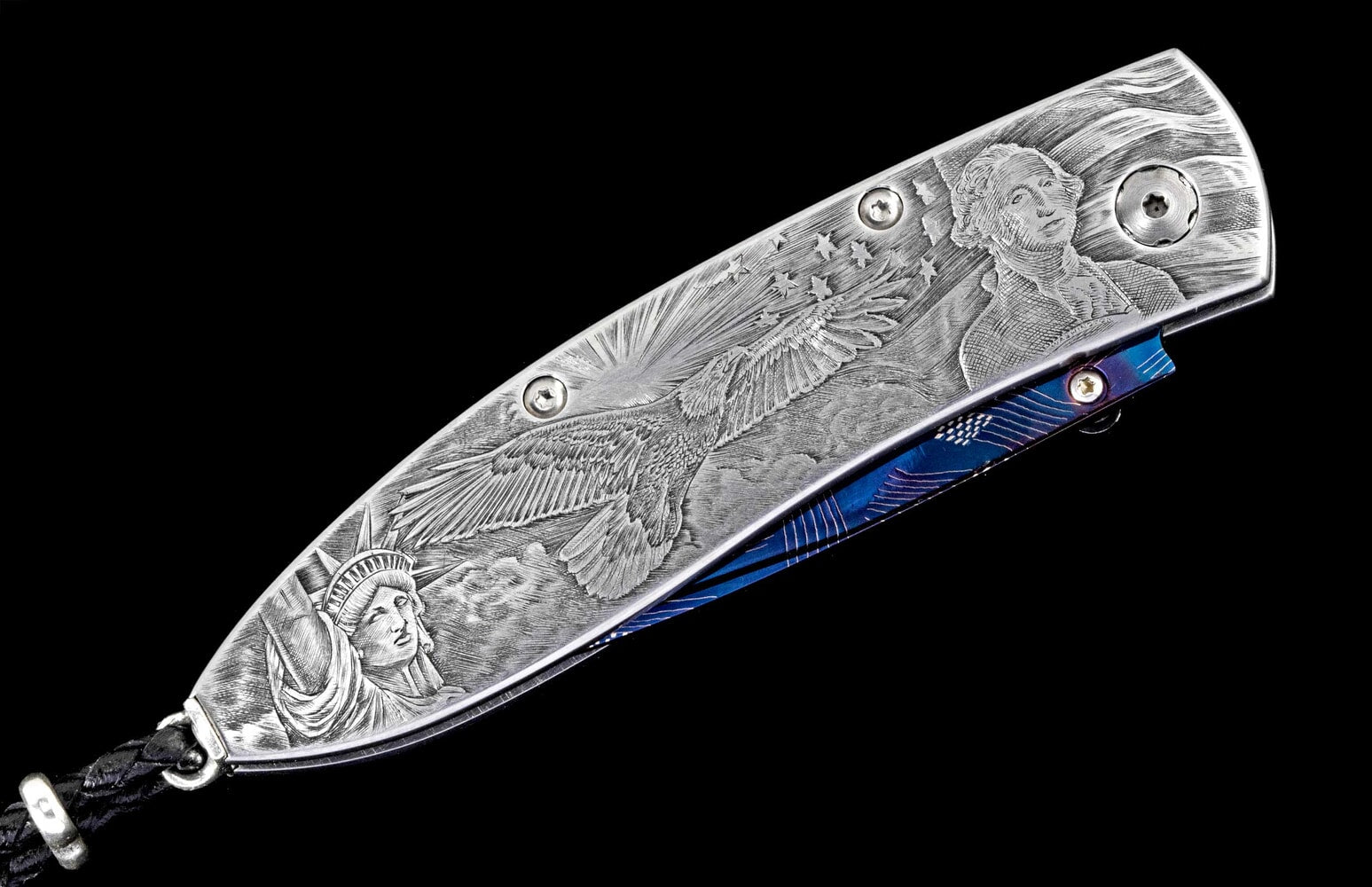 William Henry Hand-engraved pocketknife with hand-forged 'flag' damascus blade B05 AMERICA