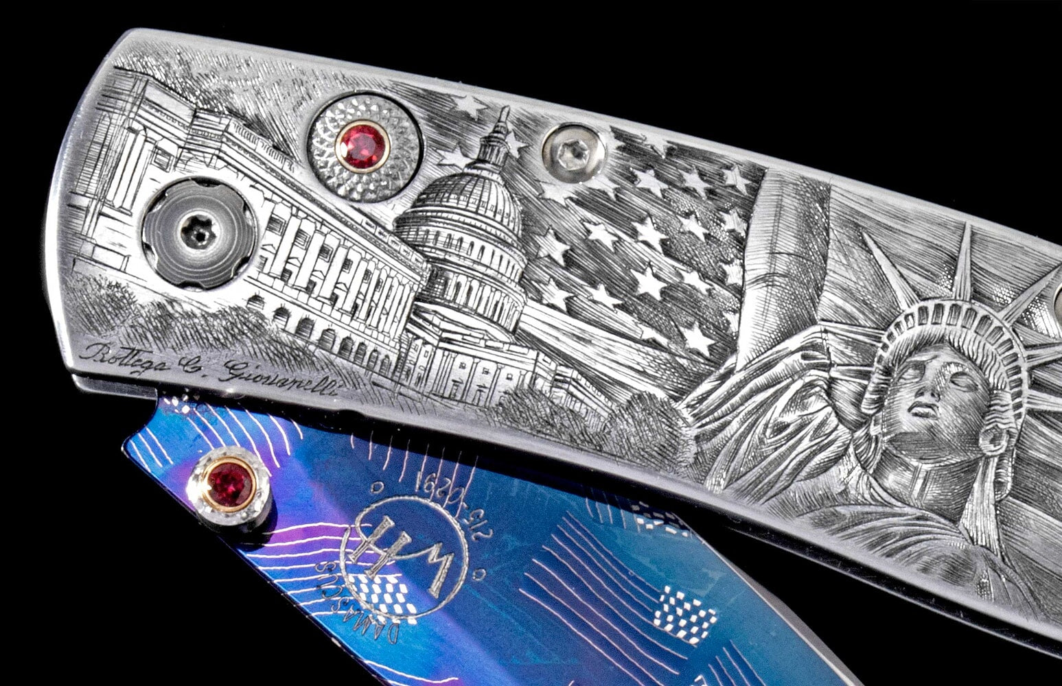 William Henry Hand-engraved pocketknife with hand-forged 'flag' damascus blade B05 AMERICA