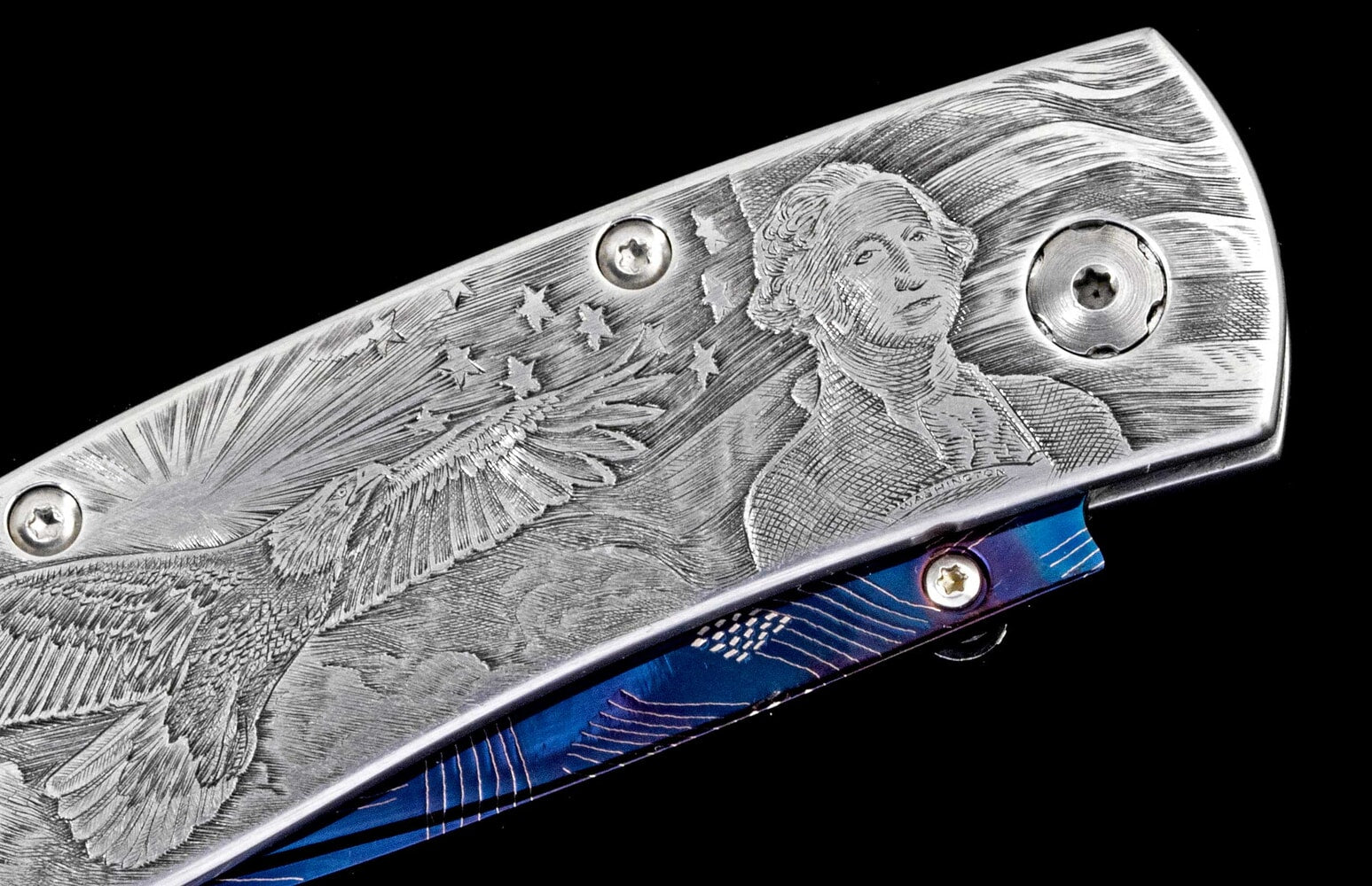 William Henry Hand-engraved pocketknife with hand-forged 'flag' damascus blade B05 AMERICA