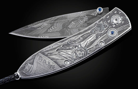 William Henry Hand-engraved pocketknife with hand-forged 'flag' damascus blade B05 AMERICA II