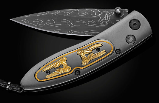 William Henry Gold-inlaid 'Knightsteel' knife with black titanium frame, damascus blade B05 KNIGHTSTEEL