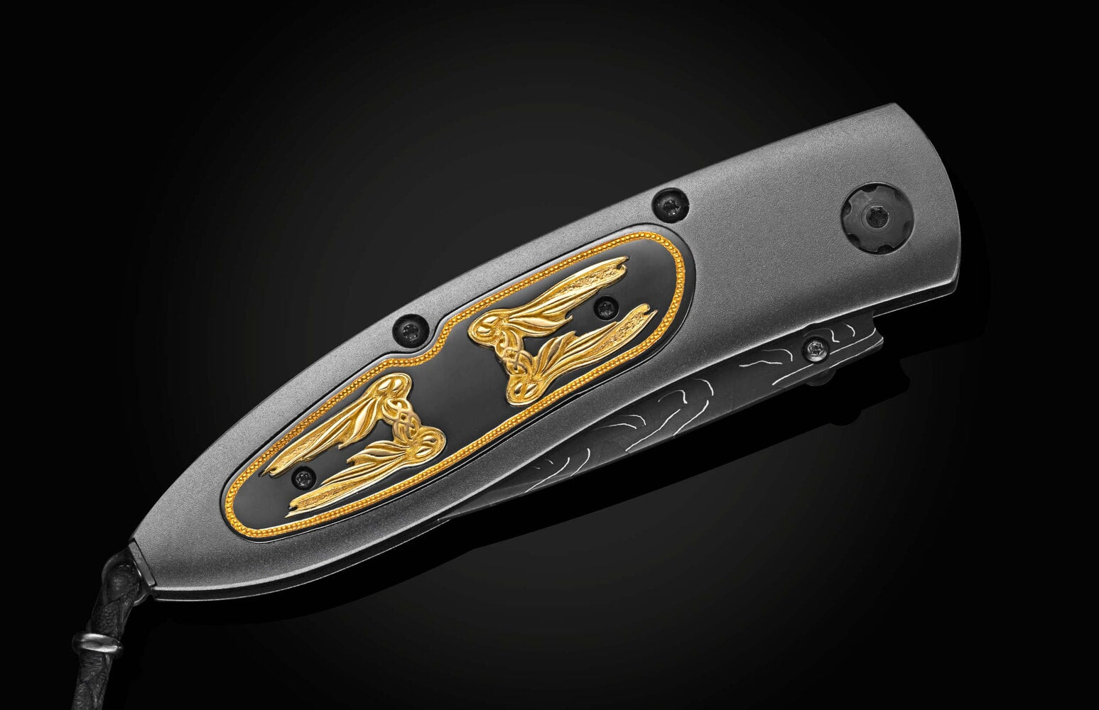 William Henry Gold-inlaid 'Knightsteel' knife with black titanium frame, damascus blade B05 KNIGHTSTEEL