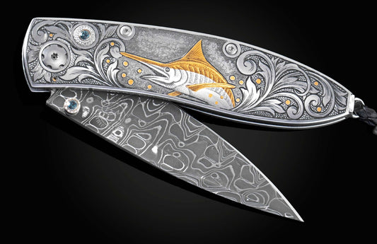 William Henry Hand-engraved folding knife with 24K gold inlays, damascus blade B05 MARLIN