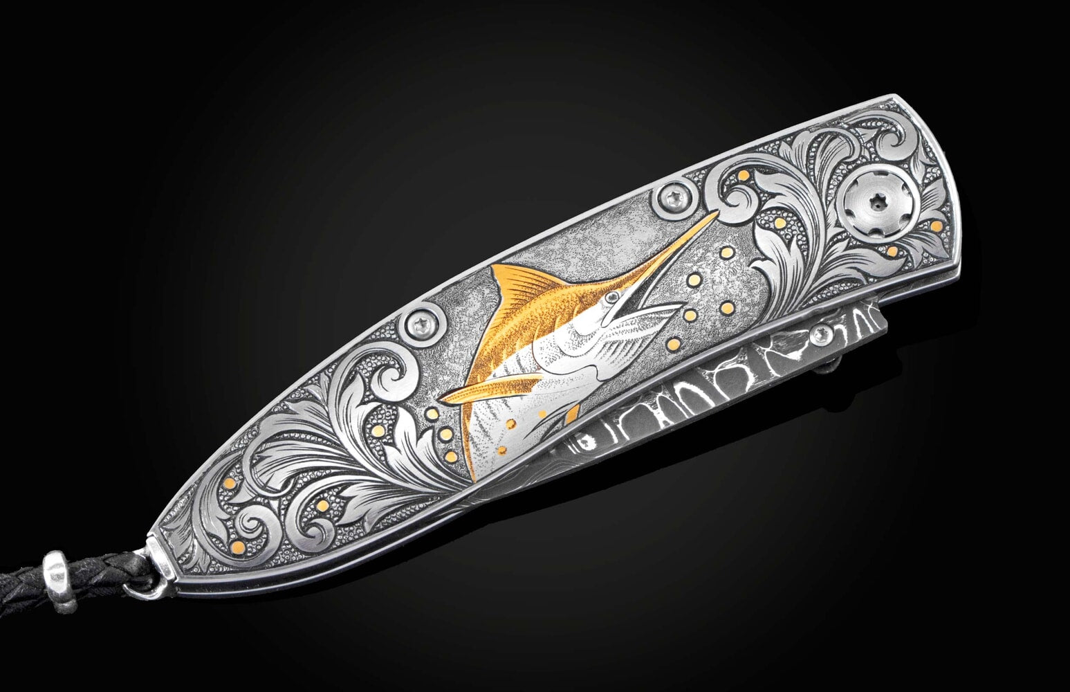 William Henry Hand-engraved folding knife with 24K gold inlays, damascus blade B05 MARLIN