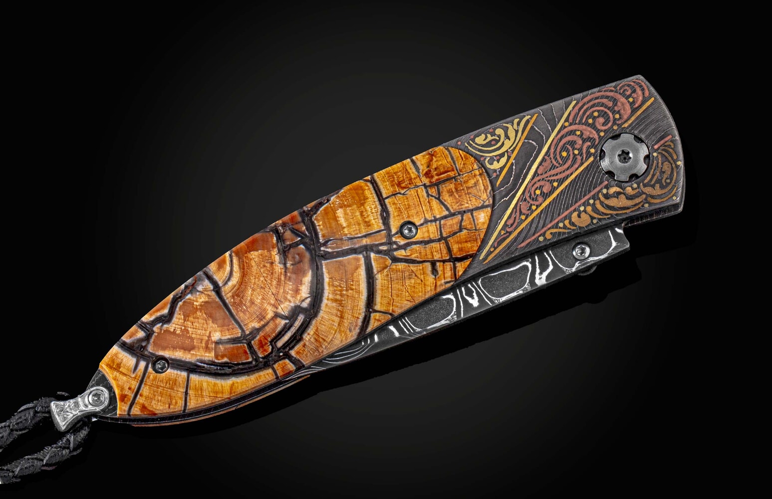 William Henry Hand-engraved pocketknife with damascus, gold, and woolly mammoth tusk B05 RAY