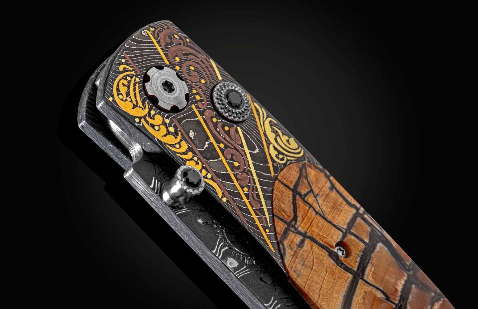 William Henry Hand-engraved pocketknife with damascus, gold, and woolly mammoth tusk B05 RAY