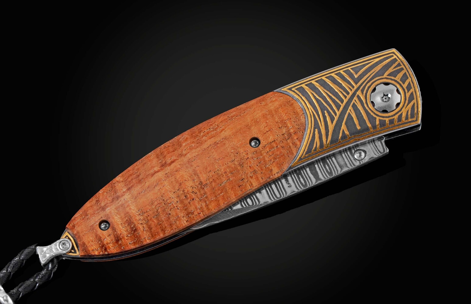William Henry Folding knife with 24K gold Koftgari and curly koa wood B05 SEA GRASS