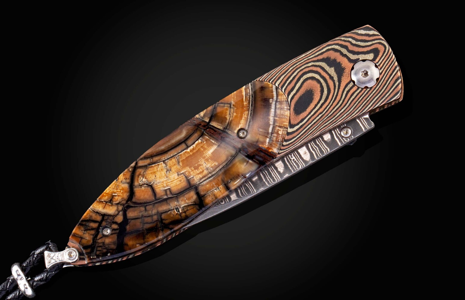 William Henry Pocketknife featuring mokume gane, fossil Mammoth tusk and 'wave' damascus blade B05 SMOKY