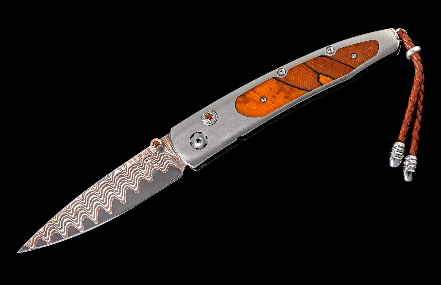 William Henry Titanium pocket knife featuring Beech wood and 'copper wave' damascus blade B10 BEECH