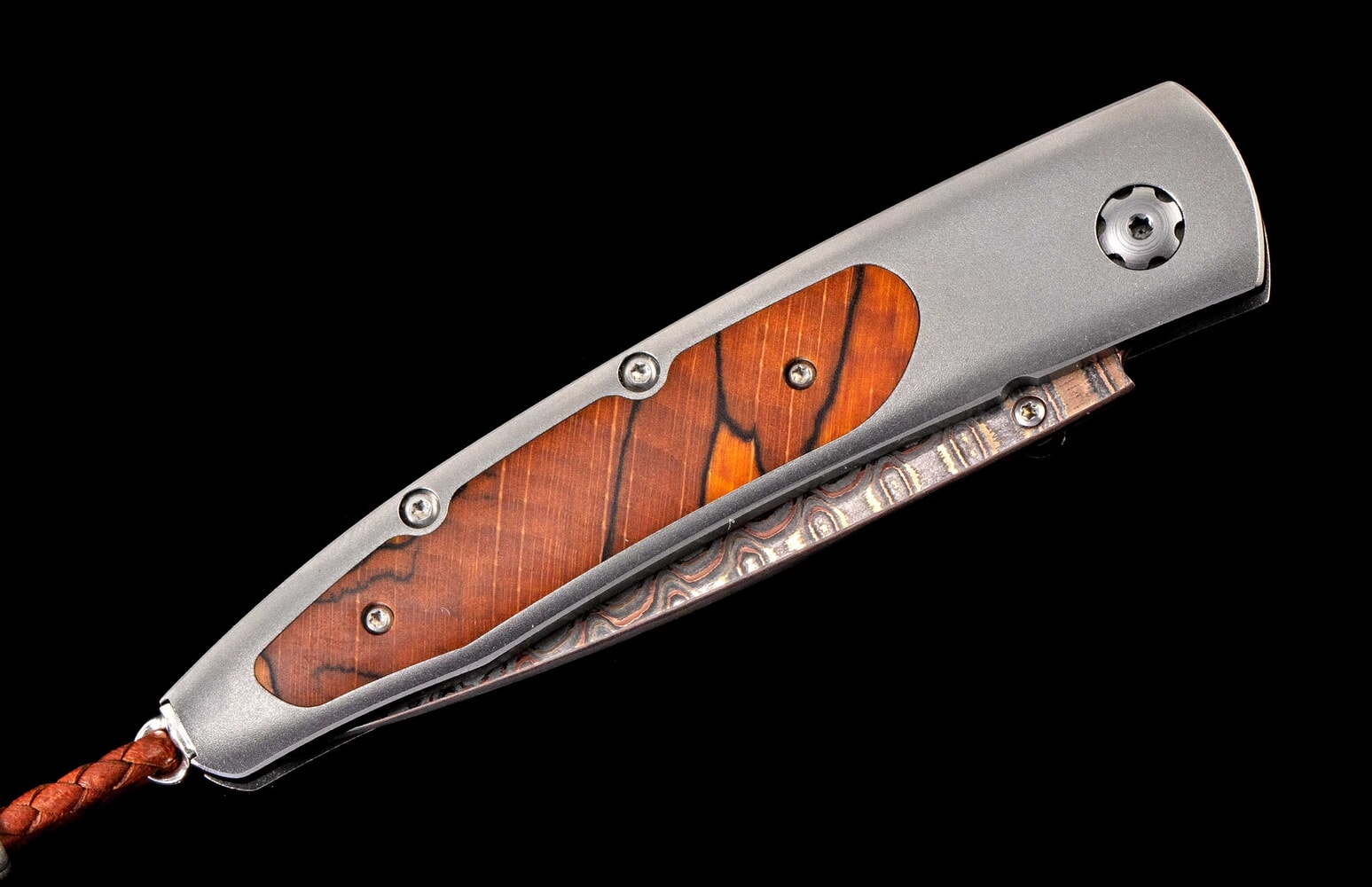 William Henry Titanium pocket knife featuring Beech wood and 'copper wave' damascus blade B10 BEECH