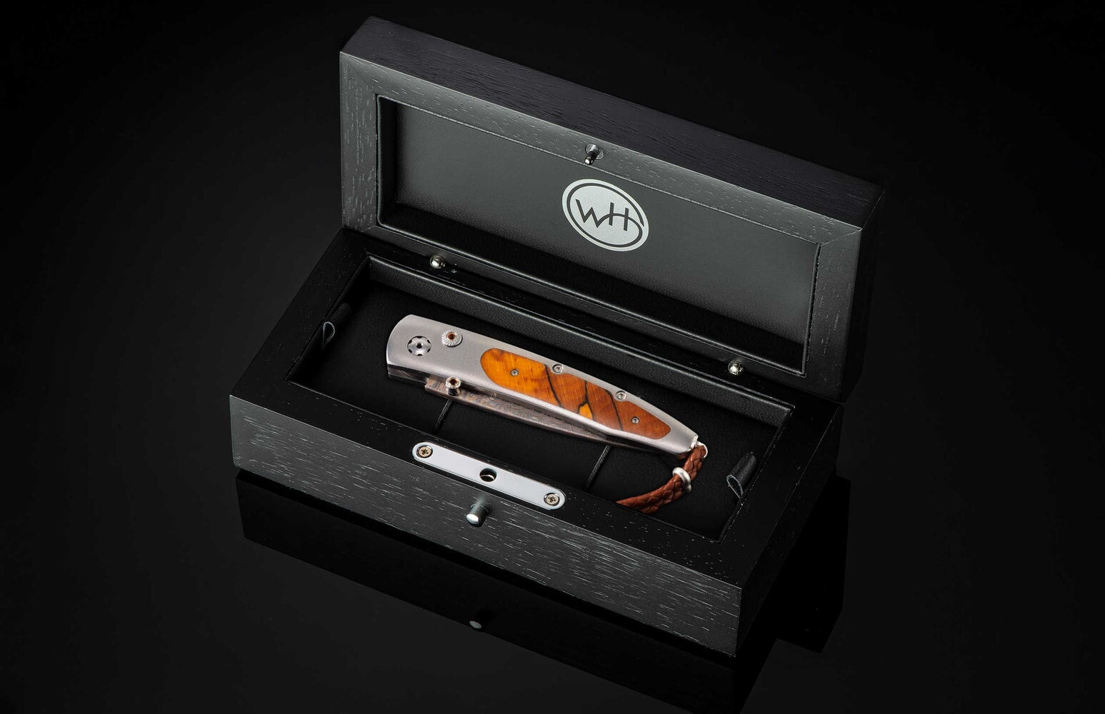 William Henry Titanium pocket knife featuring Beech wood and 'copper wave' damascus blade B10 BEECH