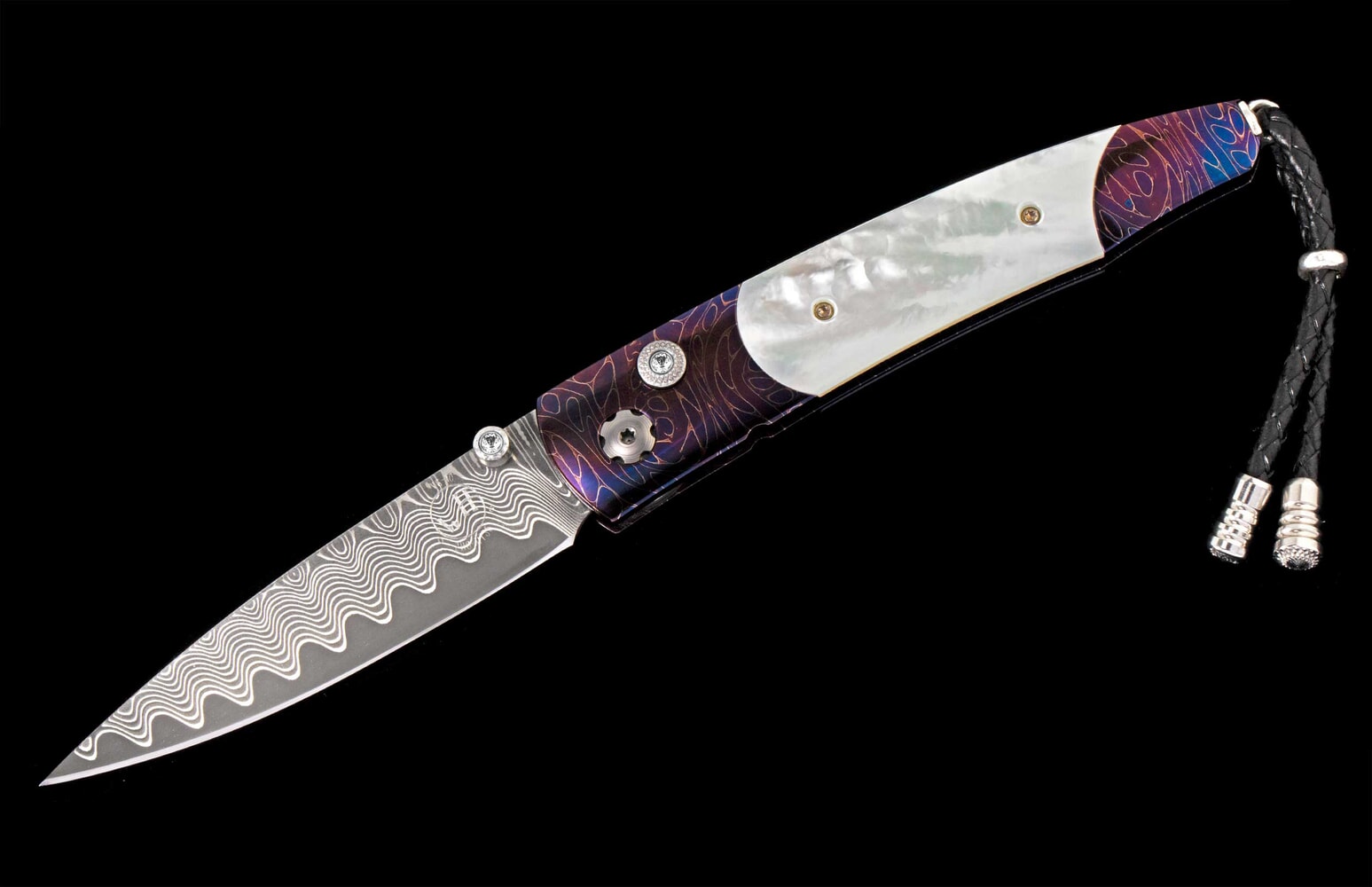 William Henry Pocketknife with heat-blued damascus, mother of pearl, and 'wave' damascus blade B10 BLUE SAND