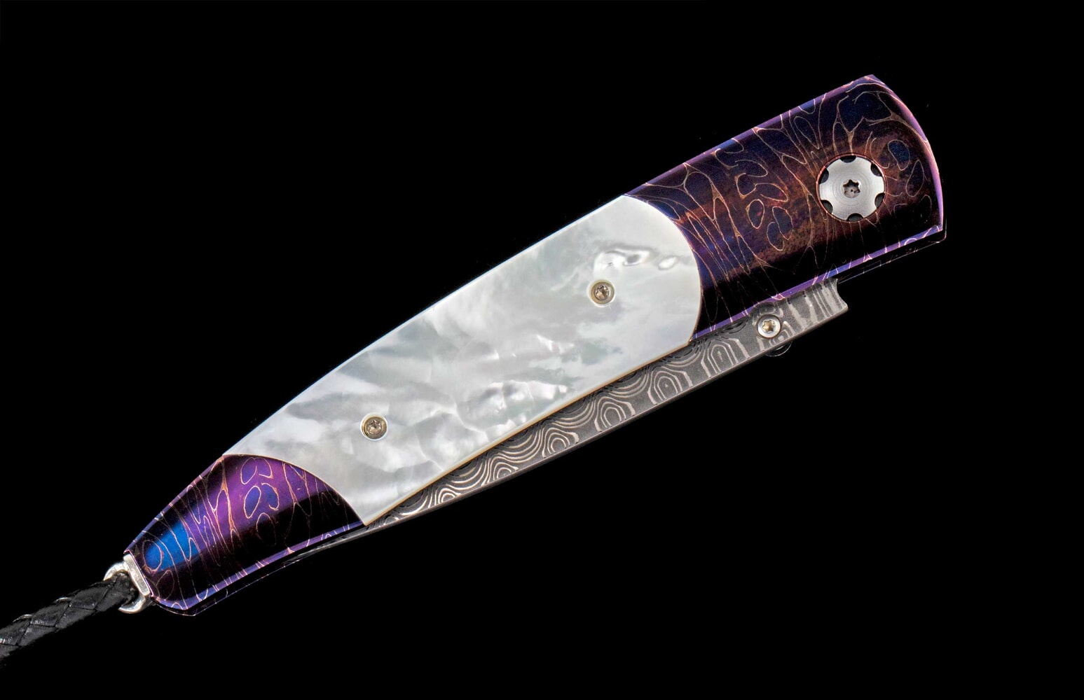 William Henry Pocketknife with heat-blued damascus, mother of pearl, and 'wave' damascus blade B10 BLUE SAND