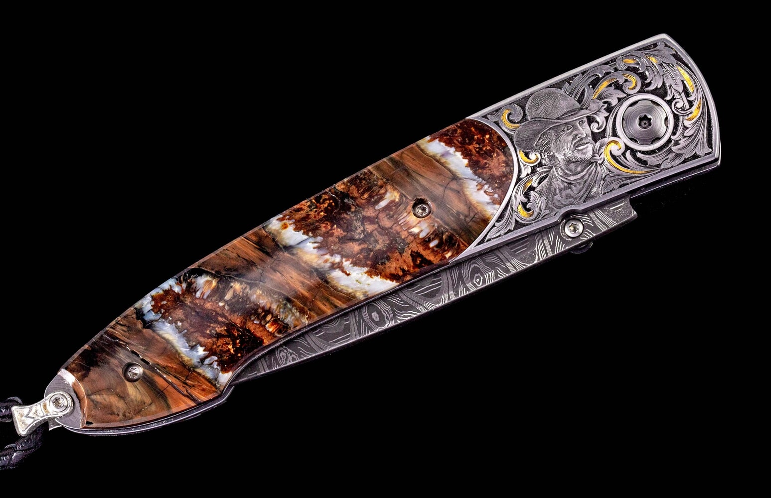 William Henry Hand-engraved pocketknife inlaid with24K gold and fossil mammoth tooth B10 COWBOY