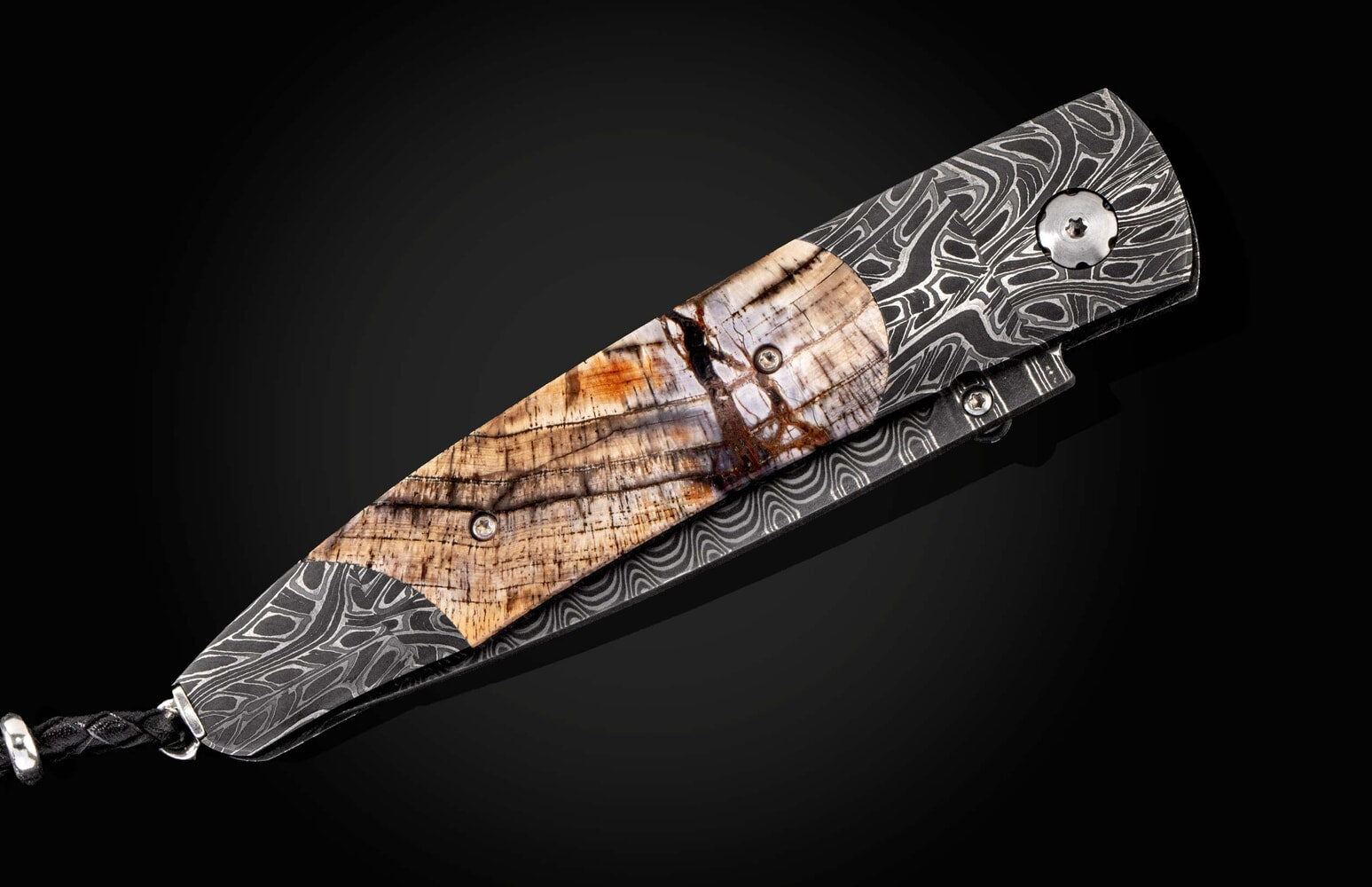 William Henry Pocketknife featuring etched damascus, fossil Mammoth tusk, and 'wave' damascus blade B10 DARK RING