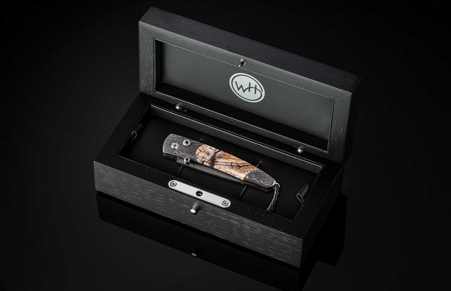 William Henry Pocketknife featuring etched damascus, fossil Mammoth tusk, and 'wave' damascus blade B10 DARK RING