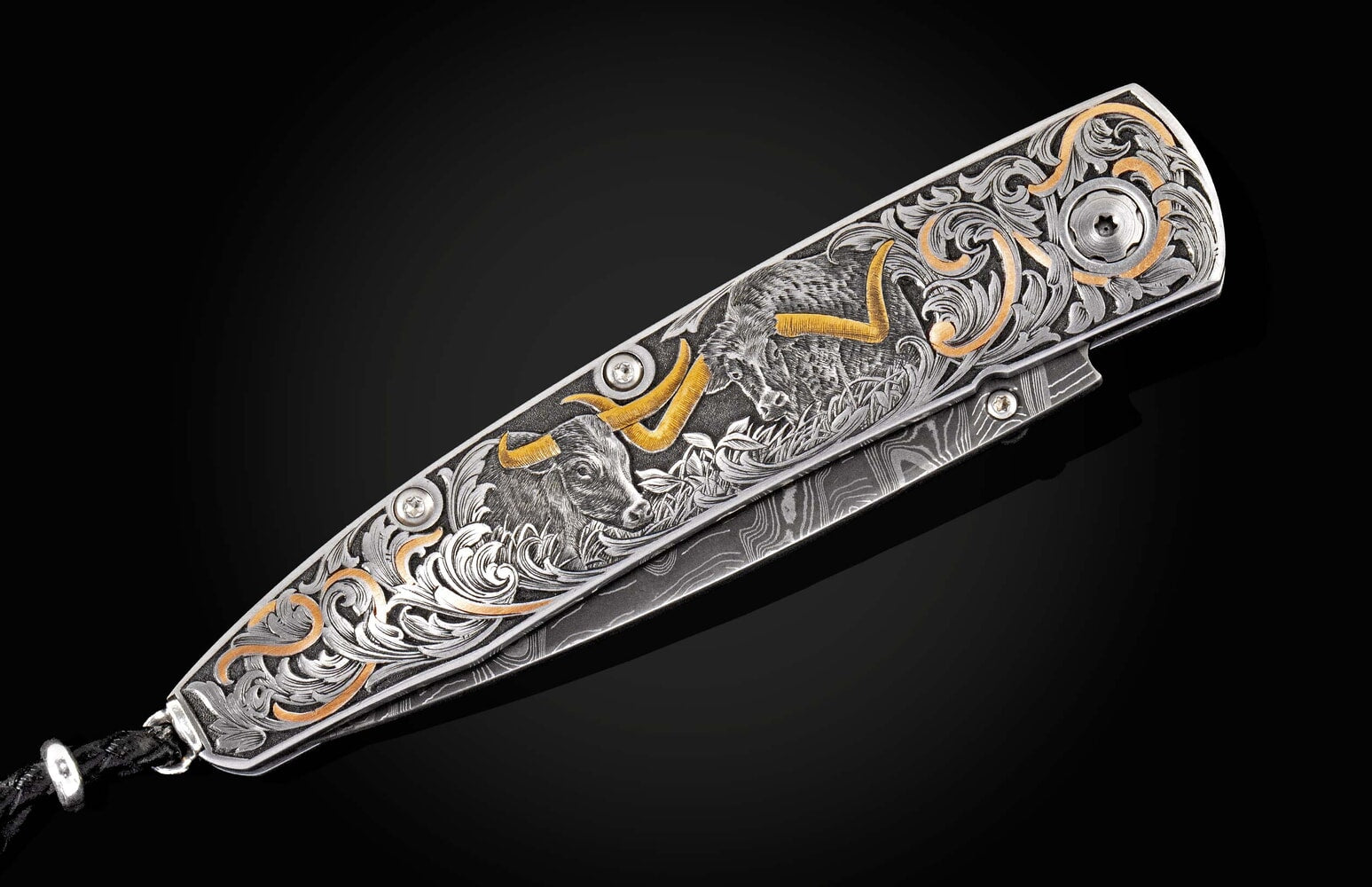 William Henry Hand-engraved pocketknife with damascus blade B10 LONGHORN II
