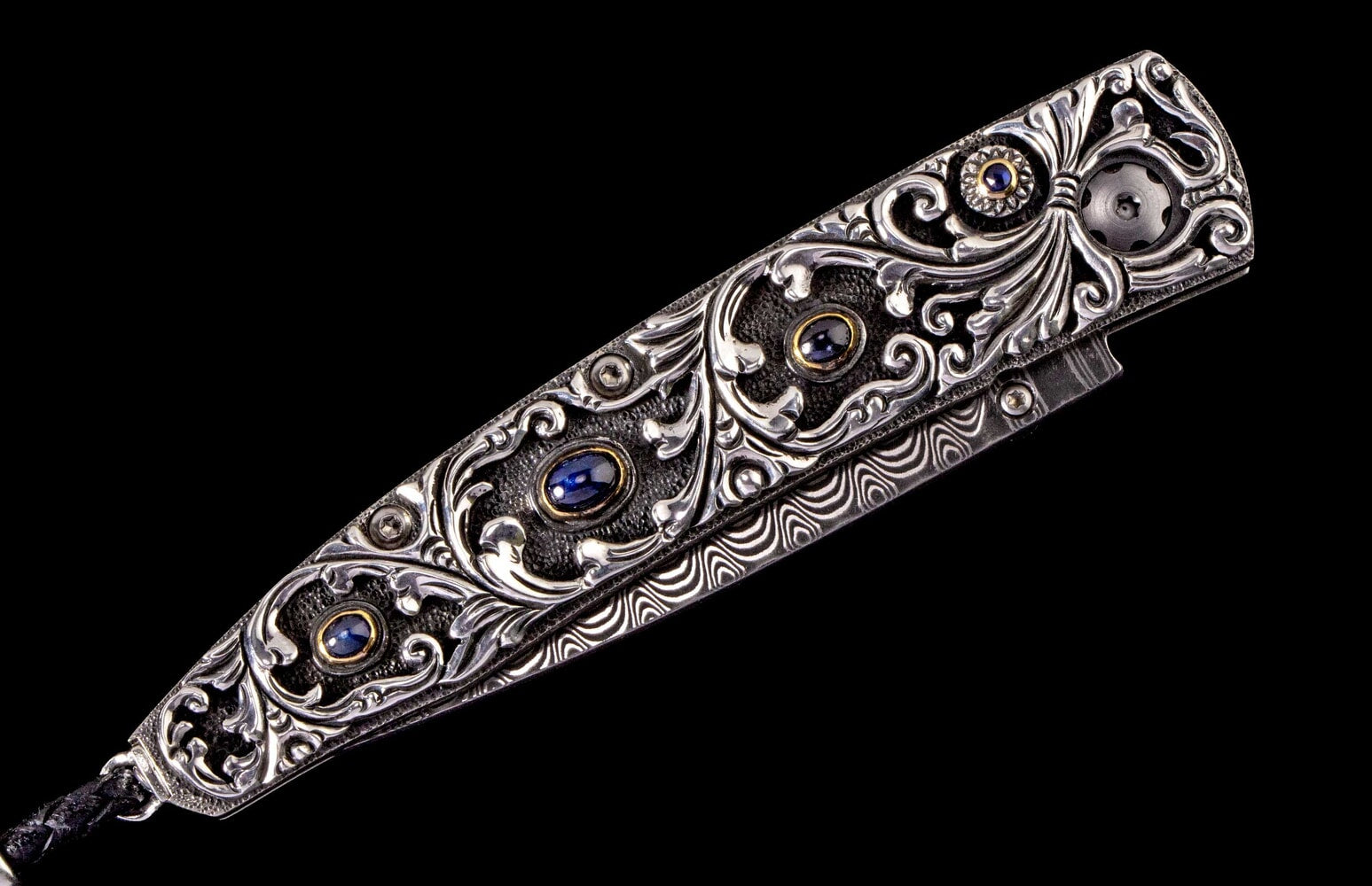 William Henry Hand-carved sterling silver pocketknife, with inset sapphires and 'wave' damascus blade B10 RADIANT