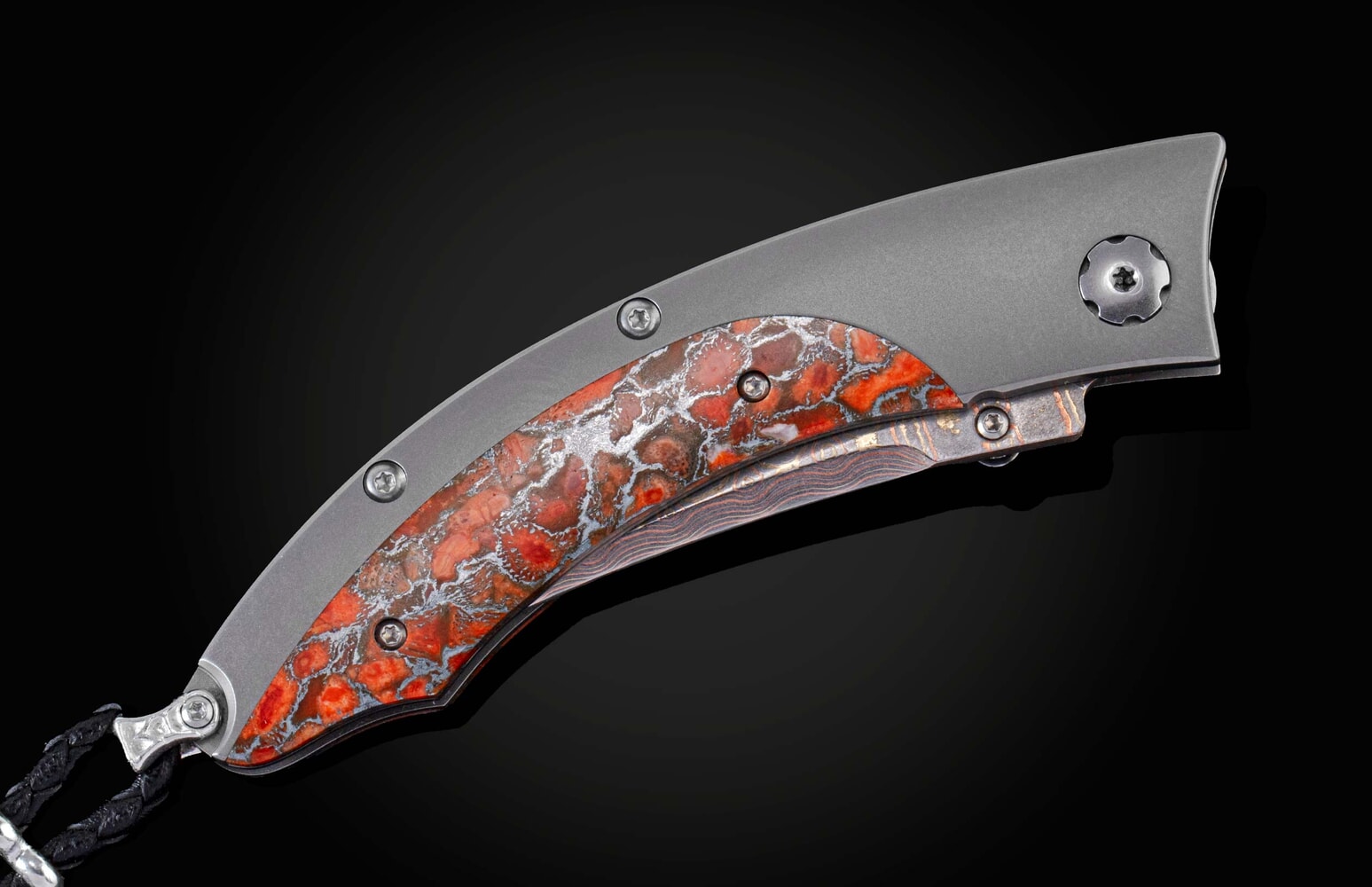 William Henry Titanium pocketknife featuring apple coral and 'copper wave' damascus blade B11 COPPER  SUNSET II