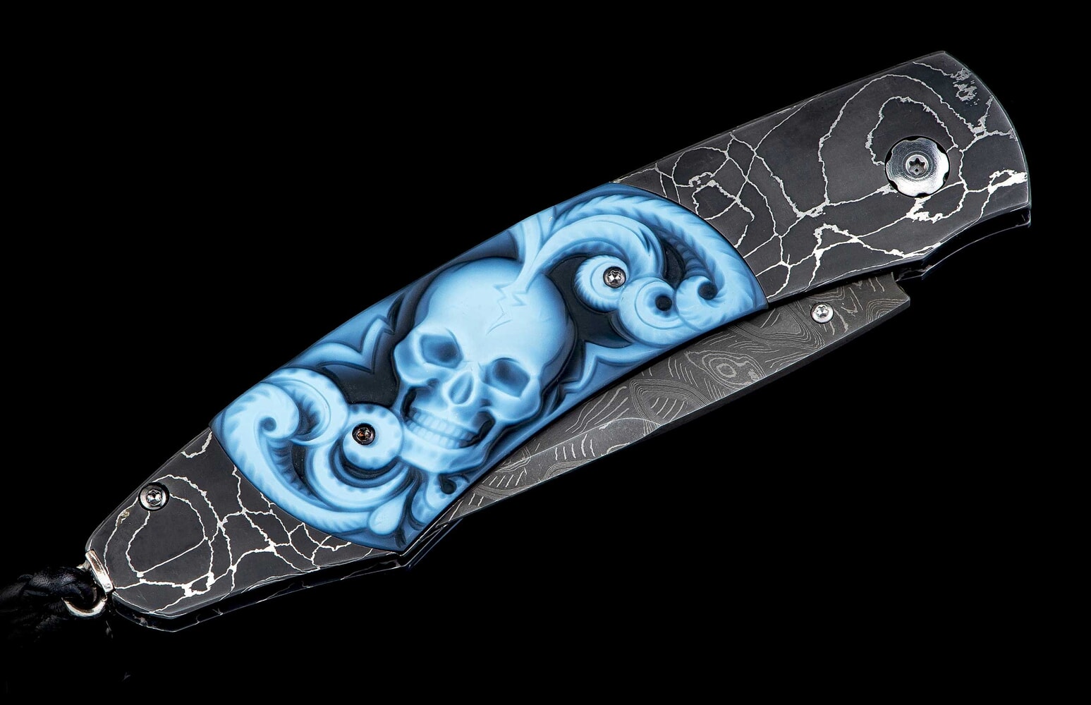 William Henry Pocketknife featuring etched damascus, carved banded agate, and damascus blade B12 BELFRY