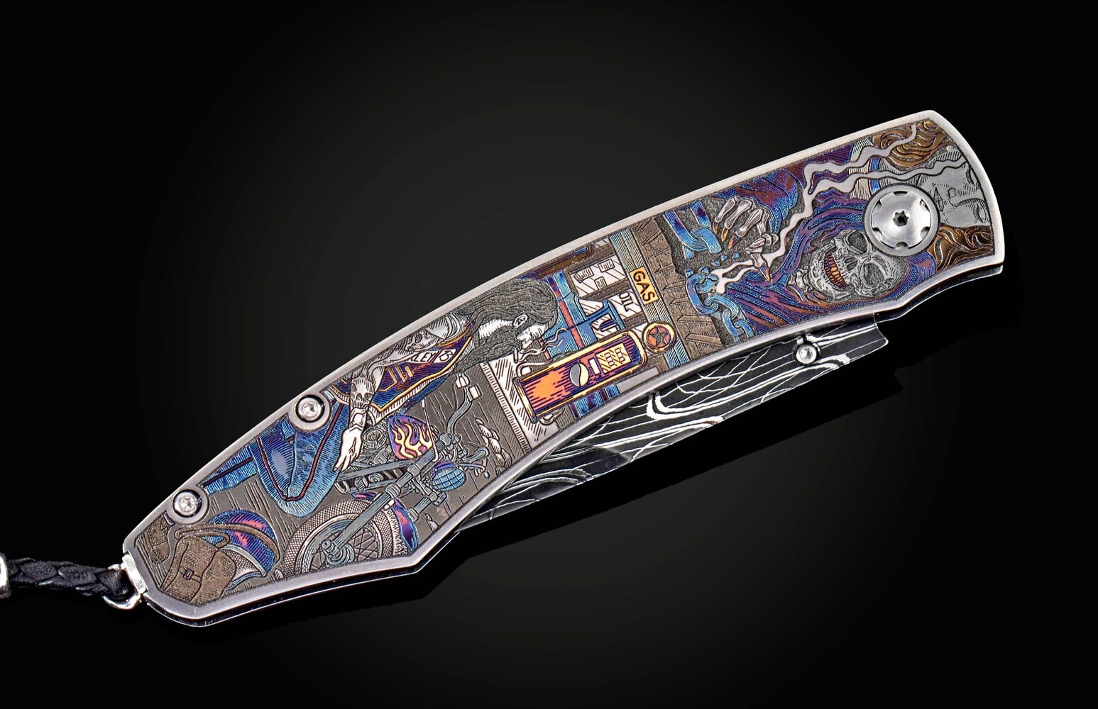 William Henry Folding pocket knife with color laser engraving and hand-forged damascus blade B12 BIKER