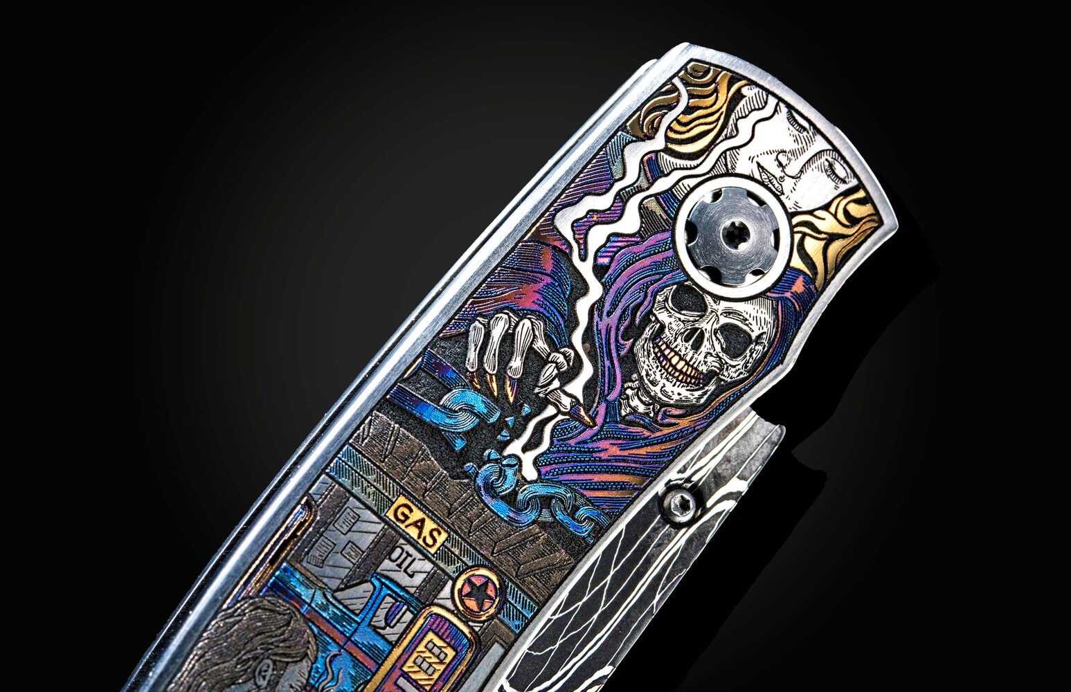 William Henry Folding pocket knife with color laser engraving and hand-forged damascus blade B12 BIKER