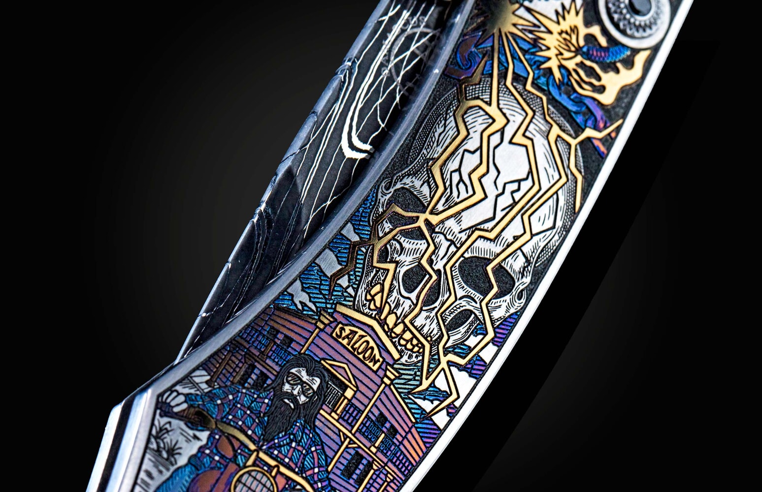 William Henry Folding pocket knife with color laser engraving and hand-forged damascus blade B12 BIKER