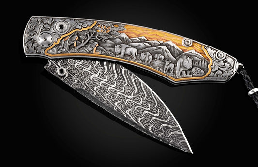 William Henry Hand-engraved pocket knife with gold, platinum, copper and damascus B12 BISON HUNT
