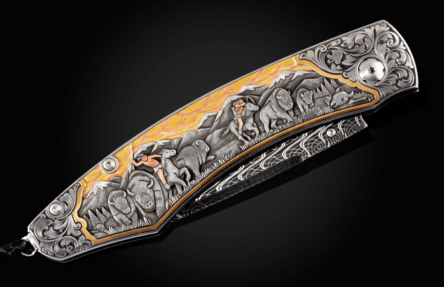 William Henry Hand-engraved pocket knife with gold, platinum, copper and damascus B12 BISON HUNT