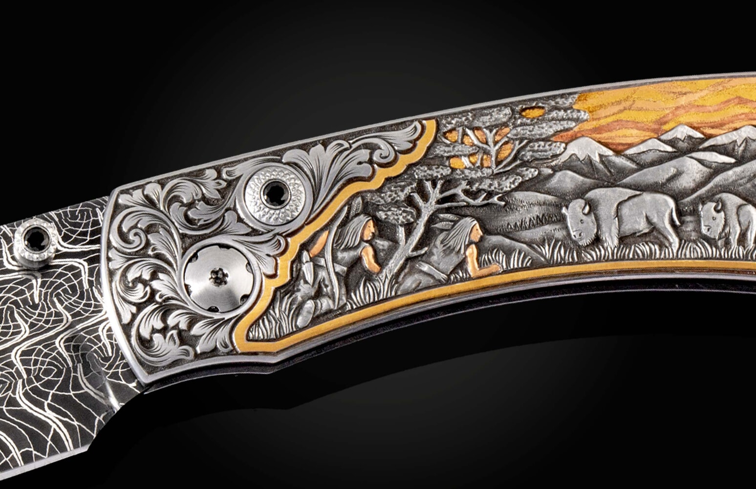 William Henry Hand-engraved pocket knife with gold, platinum, copper and damascus B12 BISON HUNT
