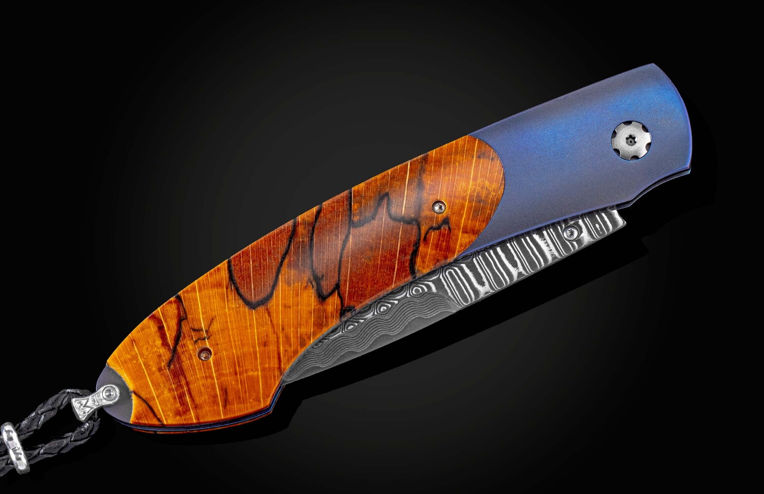 William Henry Titanium pocketknife featuring spalted beech woodand 'wave' damascus blade B12 BLUE BEECH