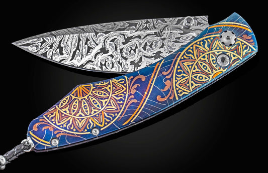 William Henry Hand-engraved pocketknife with gold and copper inlays and damascus blade B12 BLUE MANDALA