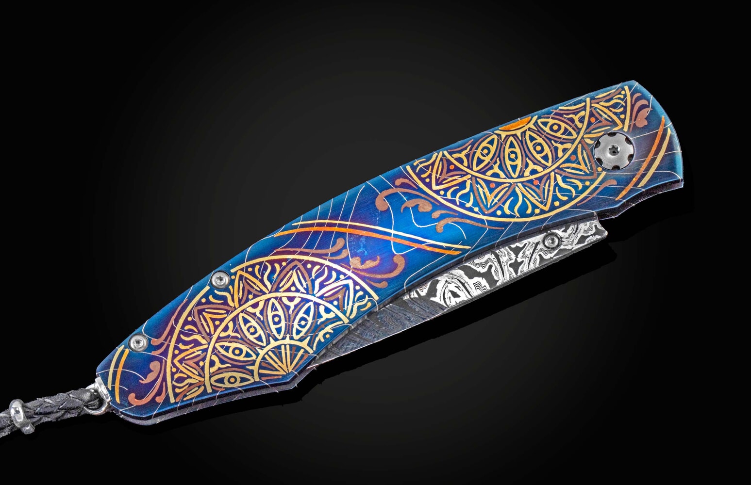 William Henry Hand-engraved pocketknife with gold and copper inlays and damascus blade B12 BLUE MANDALA