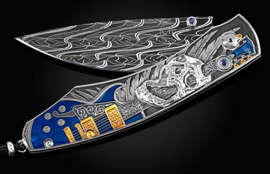 William Henry Hand-engraved stainless folding knife with gold & silver inlays and damascus blade B12 EL DIABLO