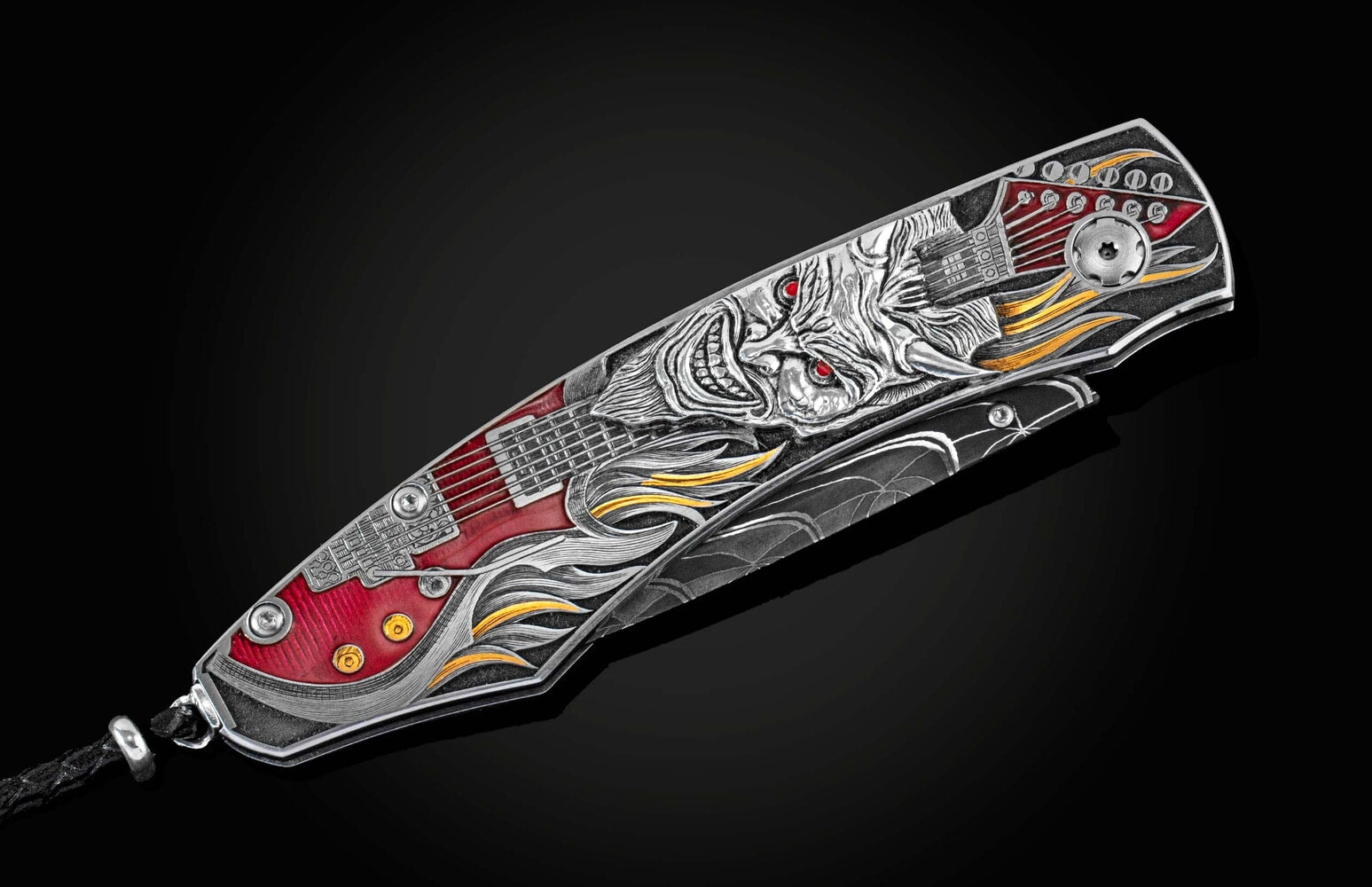 William Henry Hand-engraved stainless folding knife with gold & silver inlays and damascus blade B12 EL DIABLO