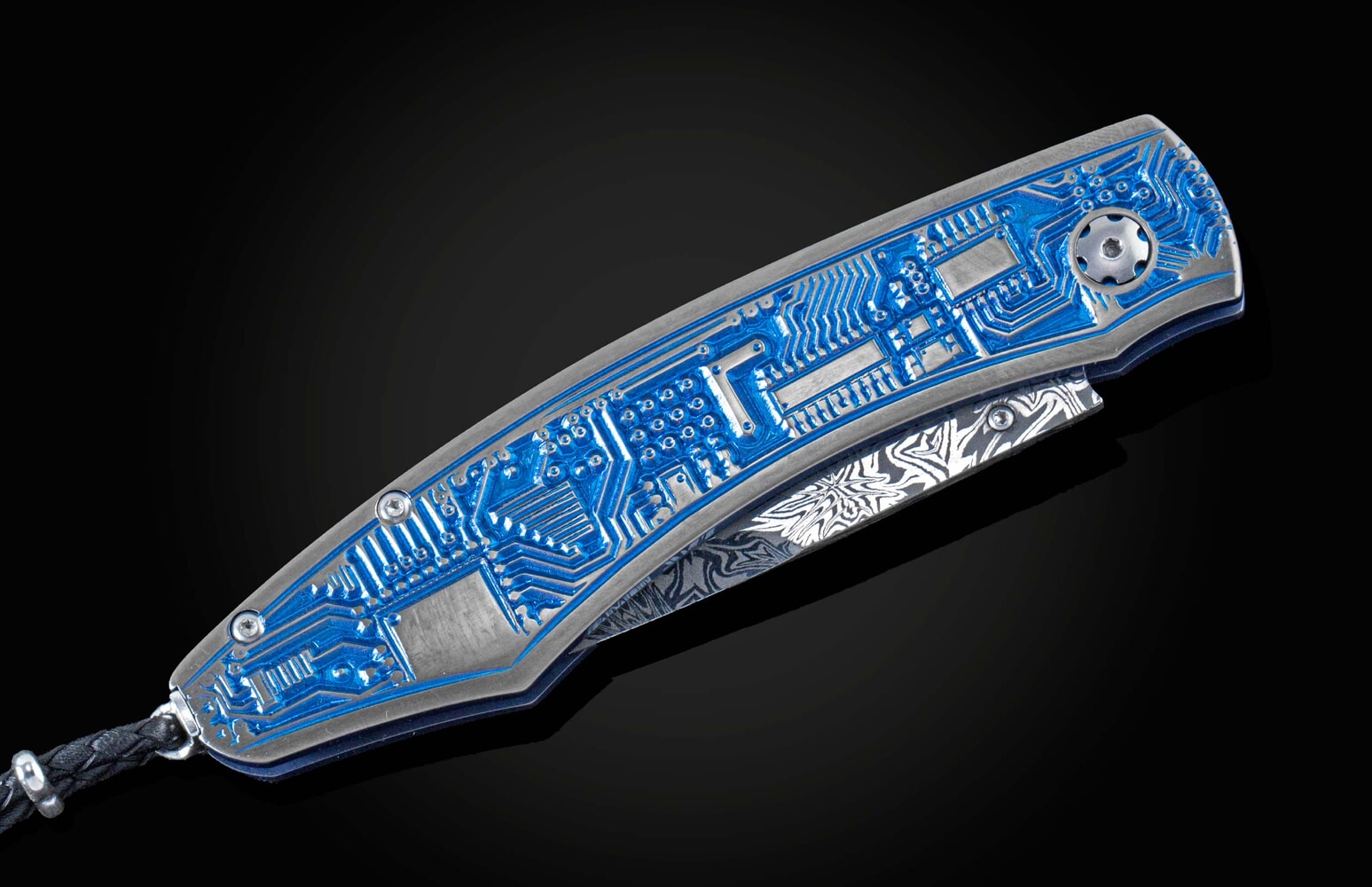 William Henry Folding pocket knife with micro machine engraving, anodizing, and a damascus blade B12 ELECTRON II