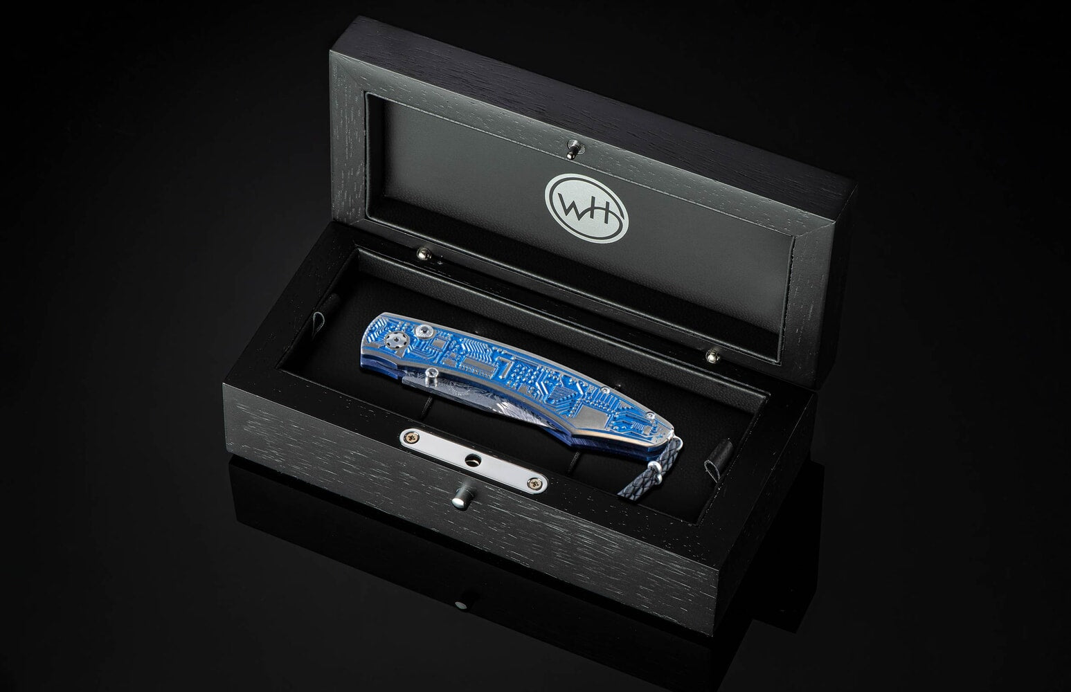 William Henry Folding pocket knife with micro machine engraving, anodizing, and a damascus blade B12 ELECTRON II