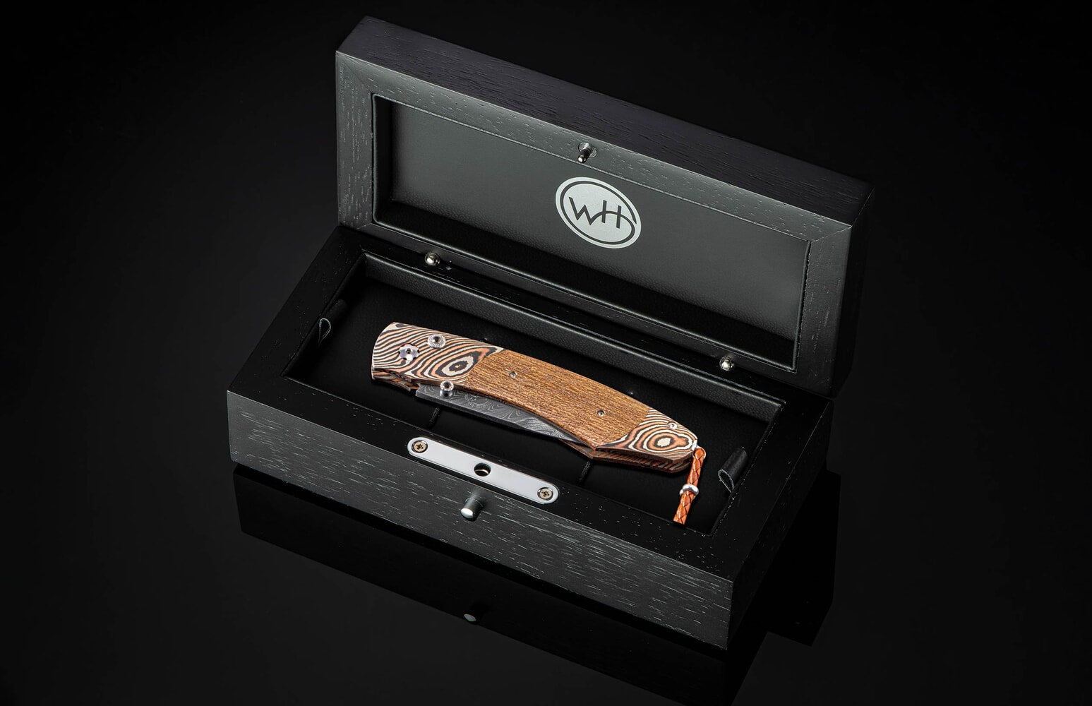 William Henry Hand-forged mokume ganefolding knife with USS California wood B12 FIGHTING SPIRIT