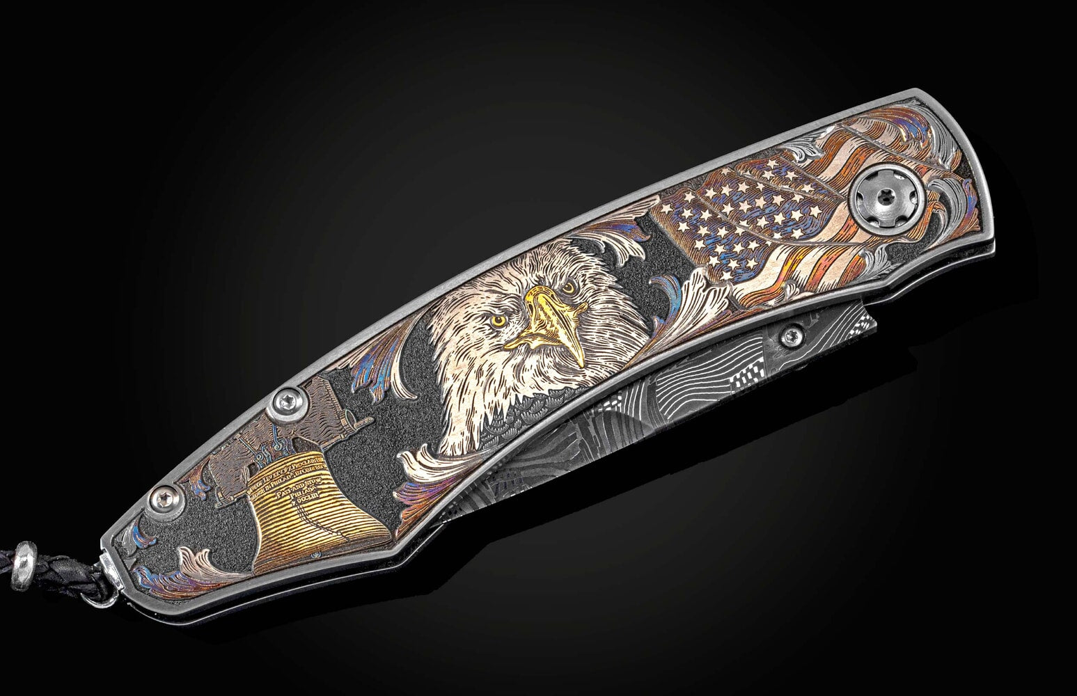 William Henry Color hand and laser-engraved folding knife with hand-forged damascus blade B12 FORGING FREEDOM