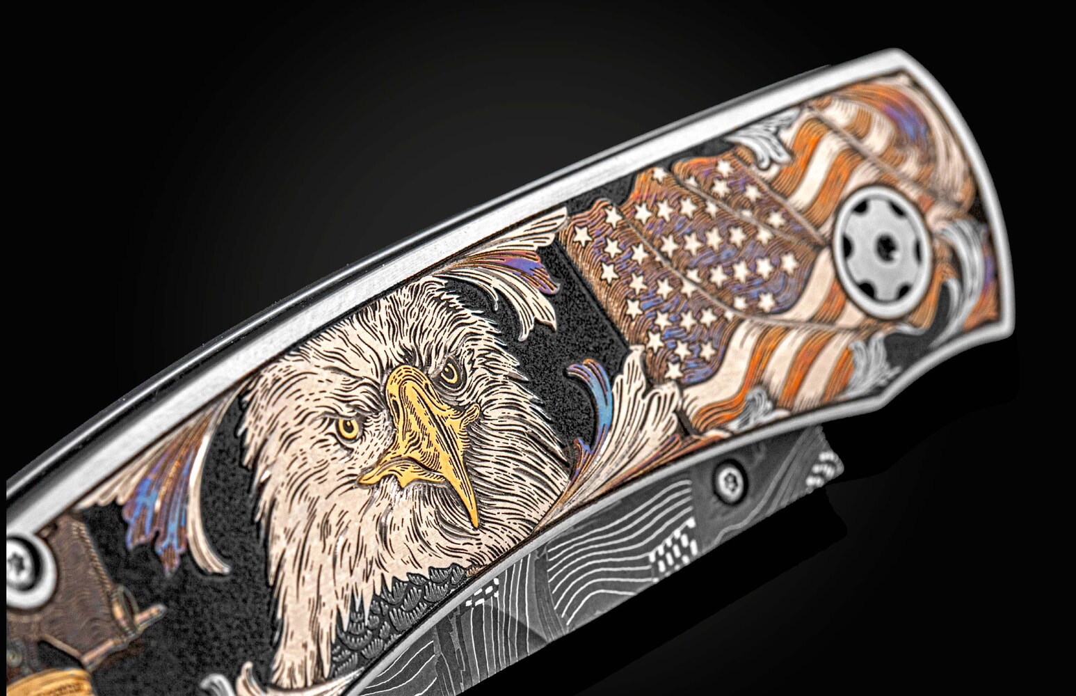 William Henry Color hand and laser-engraved folding knife with hand-forged damascus blade B12 FORGING FREEDOM