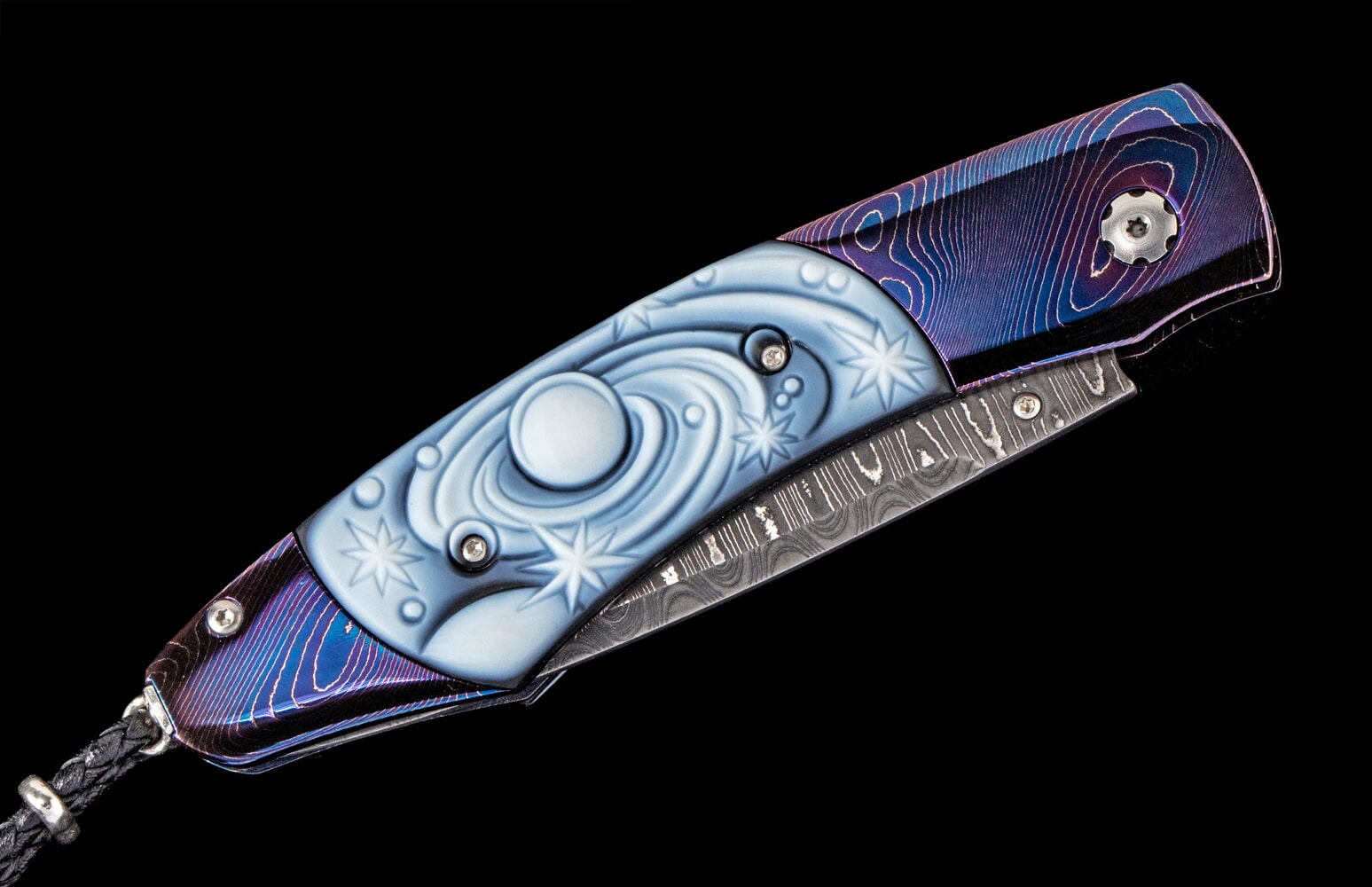 William Henry Pocketknife featuring heat-colored Damascus, carved banded agate, and meteorite Damascus blade B12 GALAXY