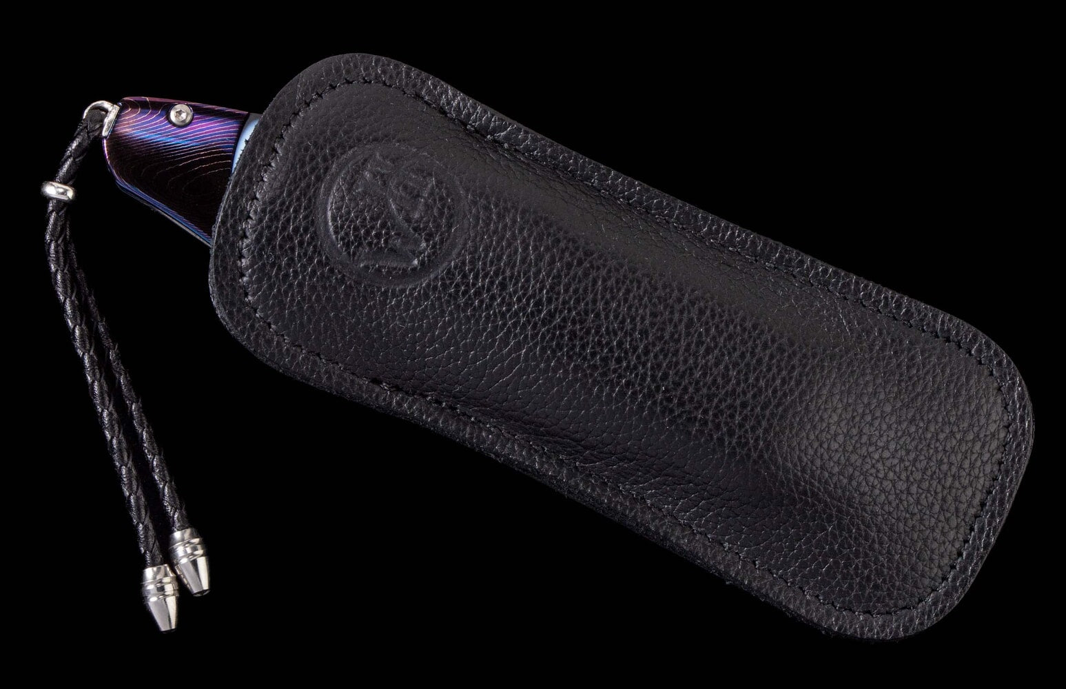 William Henry Pocketknife featuring heat-colored Damascus, carved banded agate, and meteorite Damascus blade B12 GALAXY