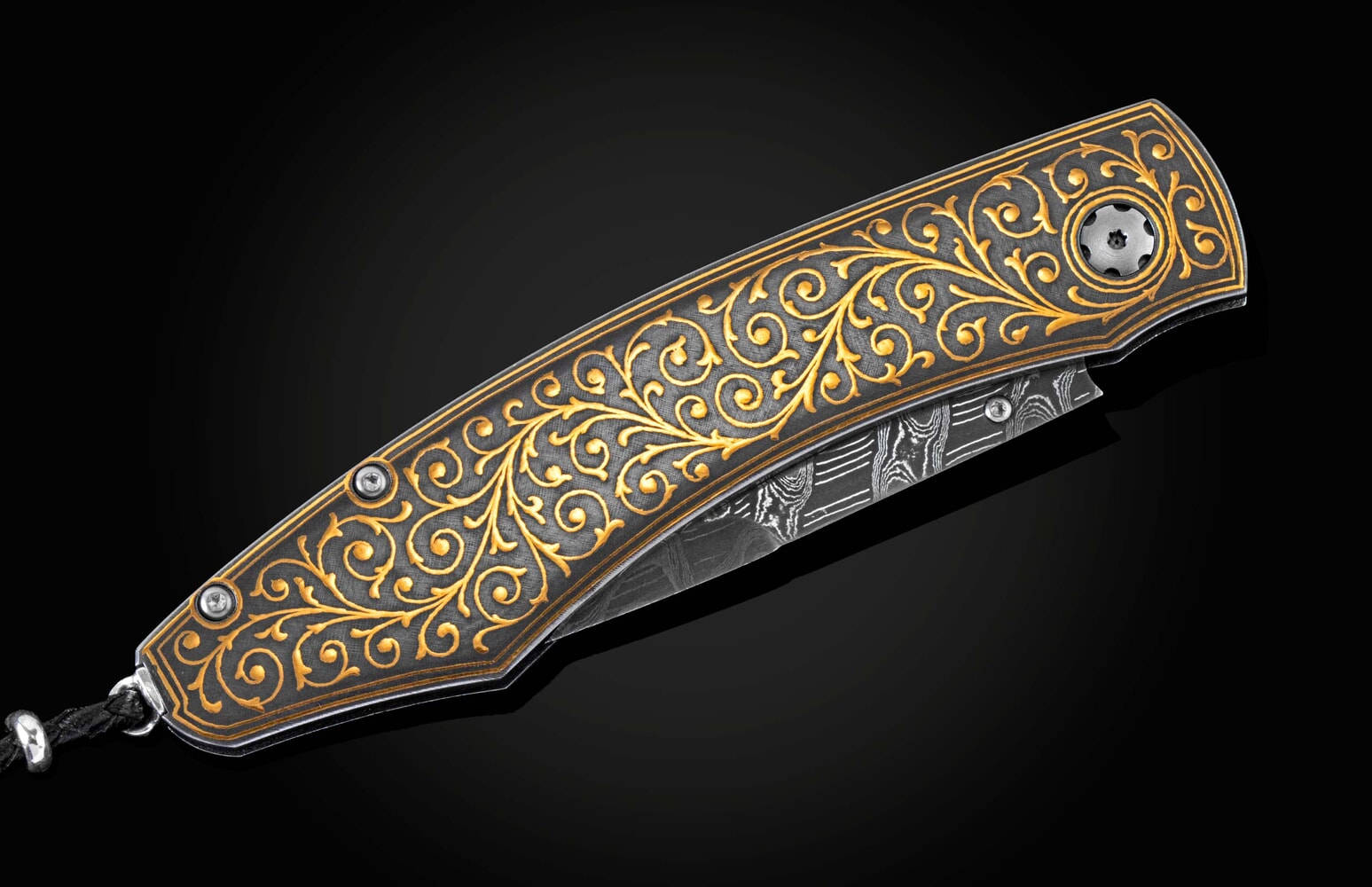 William Henry Pocketknife with hand-inlaid 24K gold Koftgari and hand-forged damascus blade B12 GOLDEN VINE