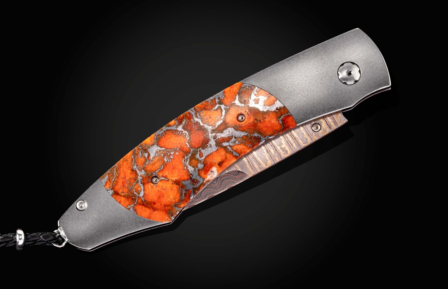 William Henry Titanium pocketknife with zinc-matrix apple coral, and 'copper wave' damascus blade B12 LAGUNA