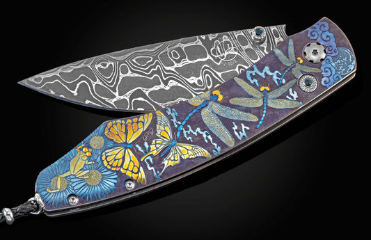 William Henry Hand and laser engraved folding knife with hand-forged damascus B12 MARIPOSA