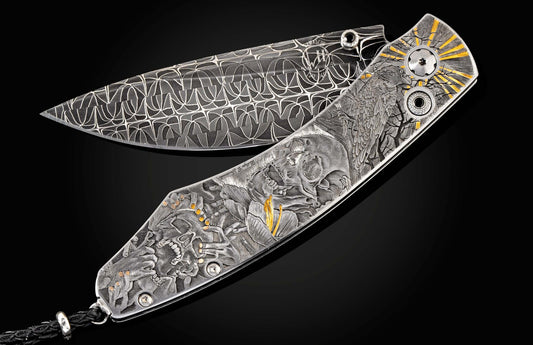 William Henry Hand-engraved stainless folding knife with gold inlays and damascus blade B12 NIGHTMARES