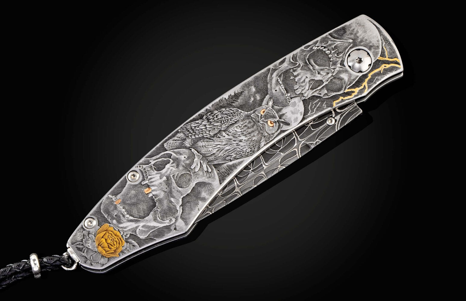 William Henry Hand-engraved stainless folding knife with gold inlays and damascus blade B12 NIGHTMARES