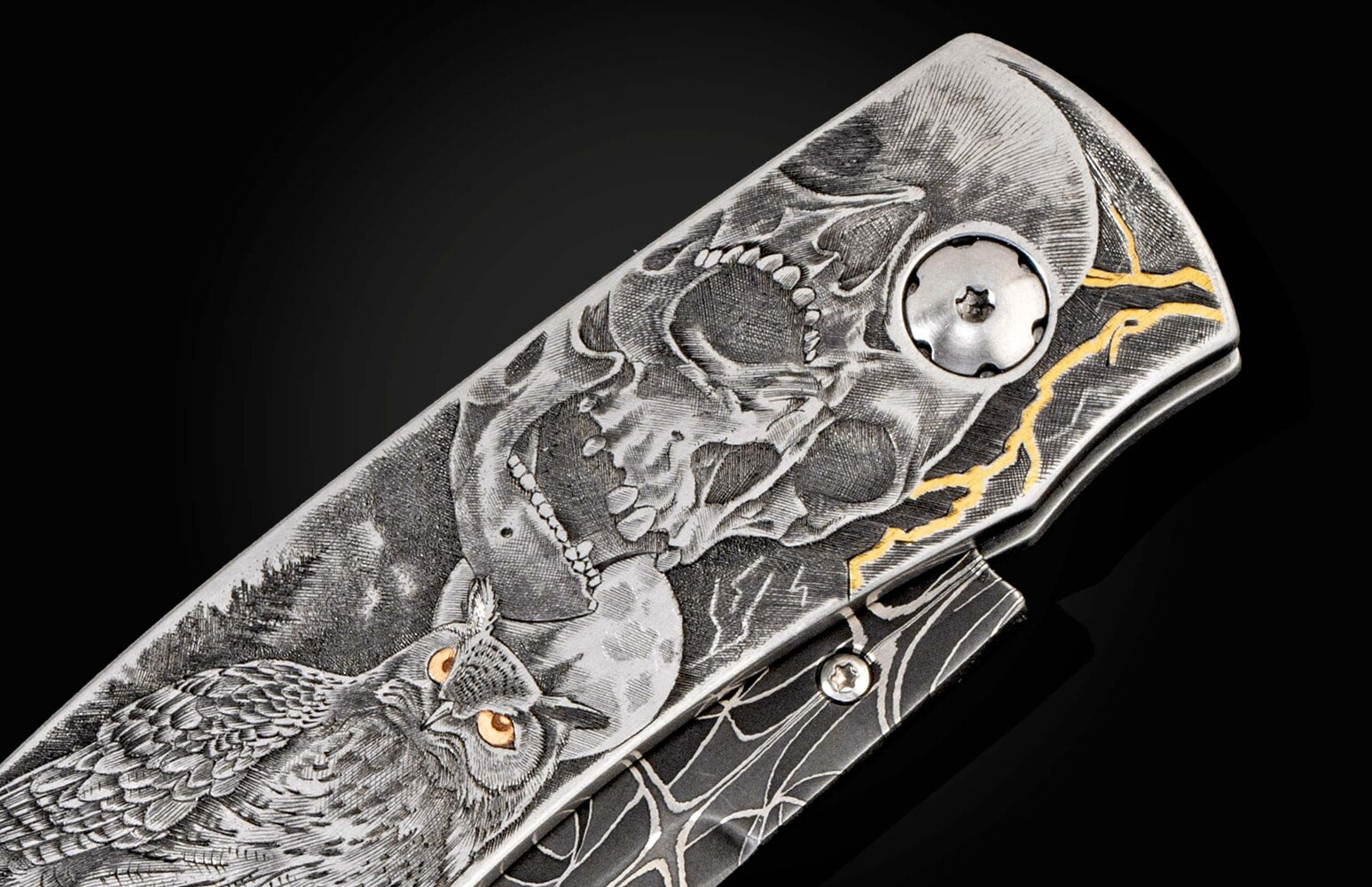William Henry Hand-engraved stainless folding knife with gold inlays and damascus blade B12 NIGHTMARES