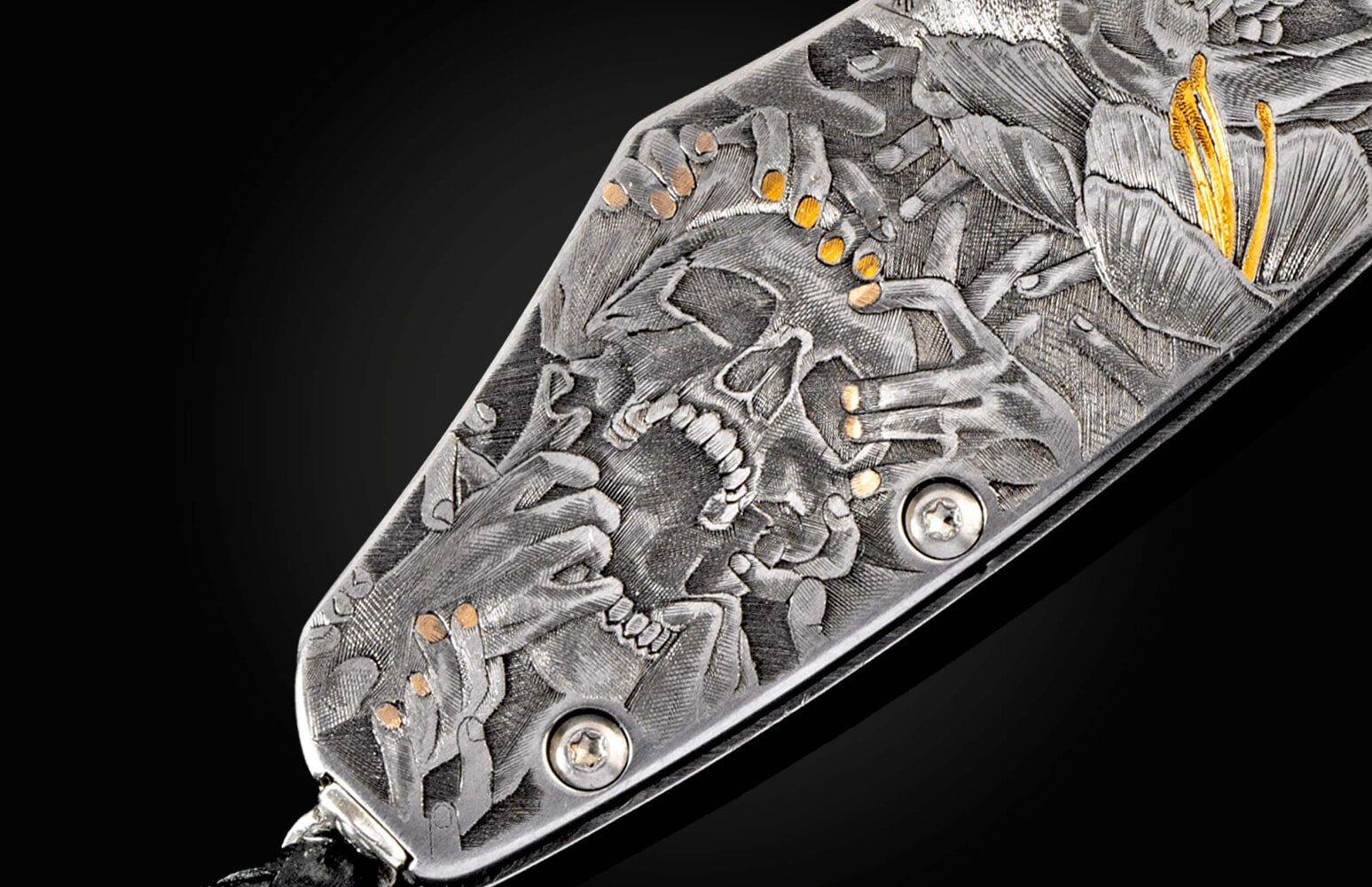 William Henry Hand-engraved stainless folding knife with gold inlays and damascus blade B12 NIGHTMARES